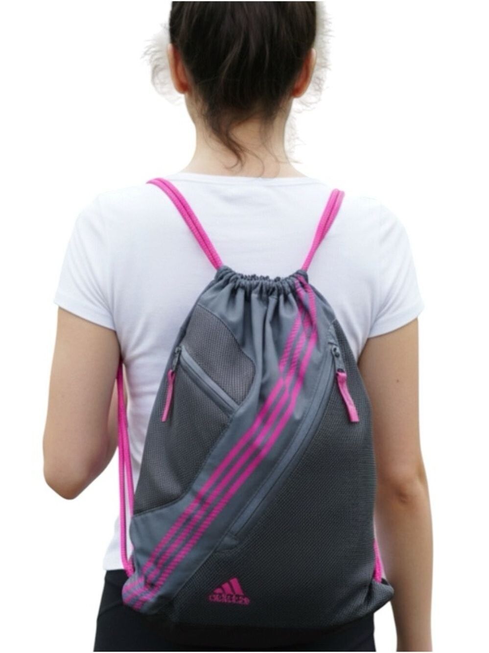 Adidas Gray and Hot Pink Drawstring Backpack Gym Bag